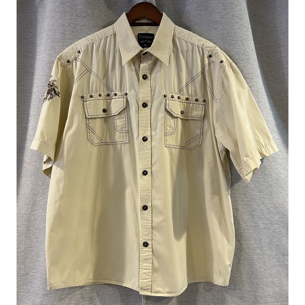 En4orce‎ Button Up Shirt Brown 2XL Embroidered Studded Knight Print Short Sleeve